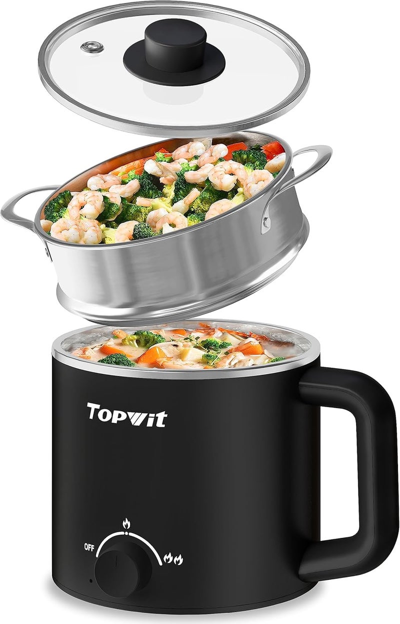 TopWit Hot Pot Electric with Steamer, 1.6L Ramen Cooker, Electric Pot for Pasta, Shabu-Shabu, Oatmeal, Soup and Egg, Portable Cooker with Dual Power Control, Dorm Room Essentials, Black - Image 1